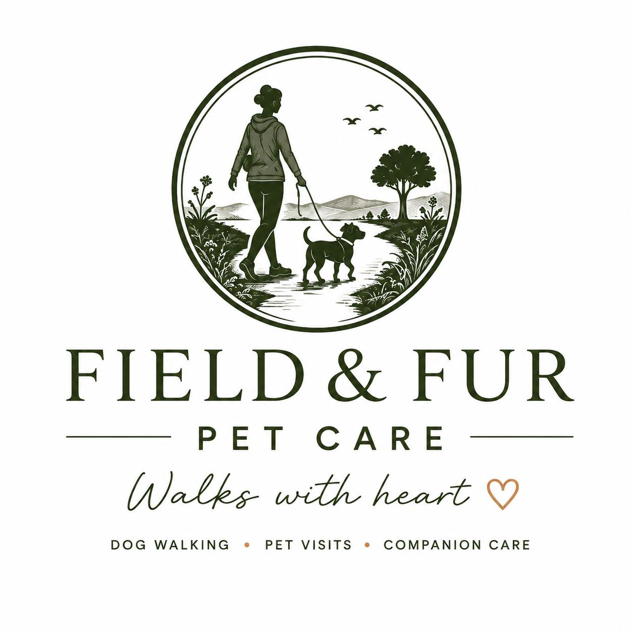 Field and Fur Pet Care logo — a person walking a dog through a countryside scene
